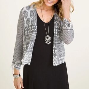 Chico’s Ruched Sleeve Cardigan Sweater Black White Floral Paisley Print Sz L